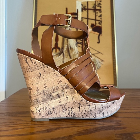 G by guess womens 8.5 brown cork wedges platform sandals EUC - Picture 7 of 9